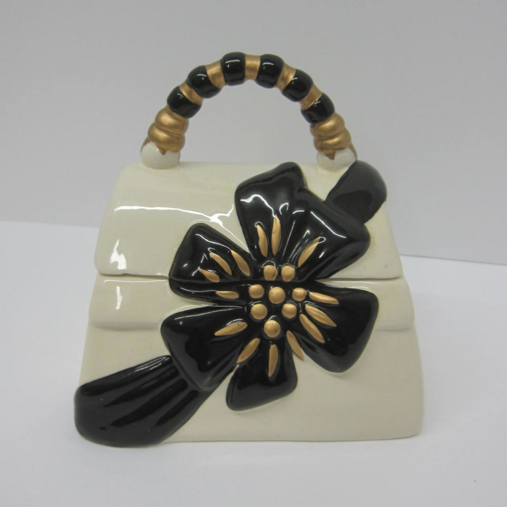 Purse Shaped Cookie Jar Black Gold White Ceramic